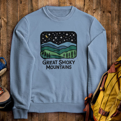 Great Smoky Mountains at Night Crewneck Sweatshirt Stone Blue Adventure and Outdoors Themed Sweatshirt