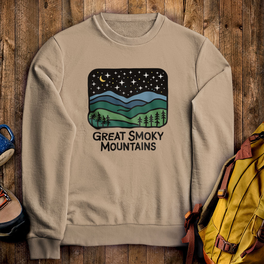 Great Smoky Mountains at Night Crewneck Sweatshirt Sand Adventure and Outdoors Themed Sweatshirt