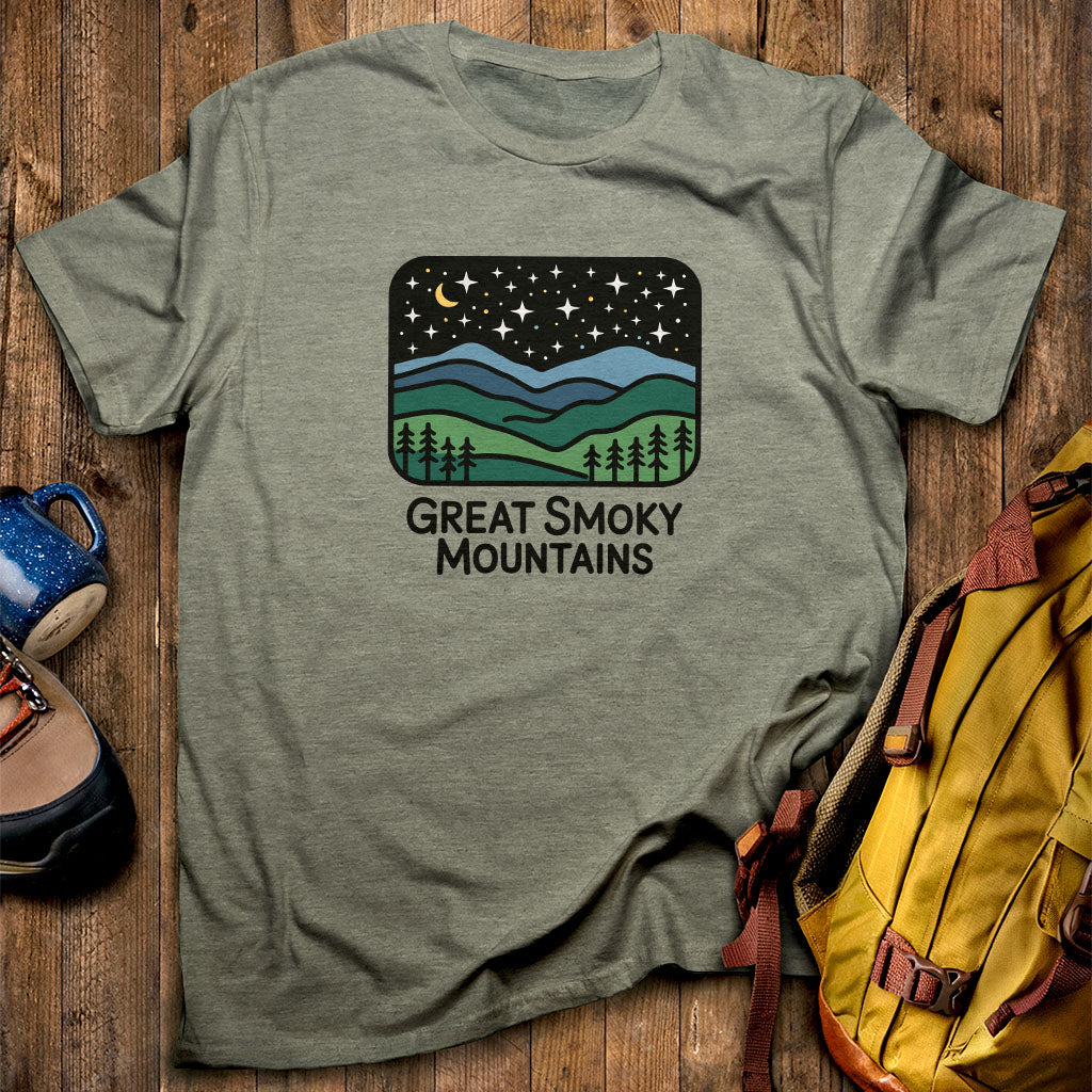 Great Smoky Mountains at Night T-Shirt Heather Military Green Adventure and Outdoors Themed T-Shirt