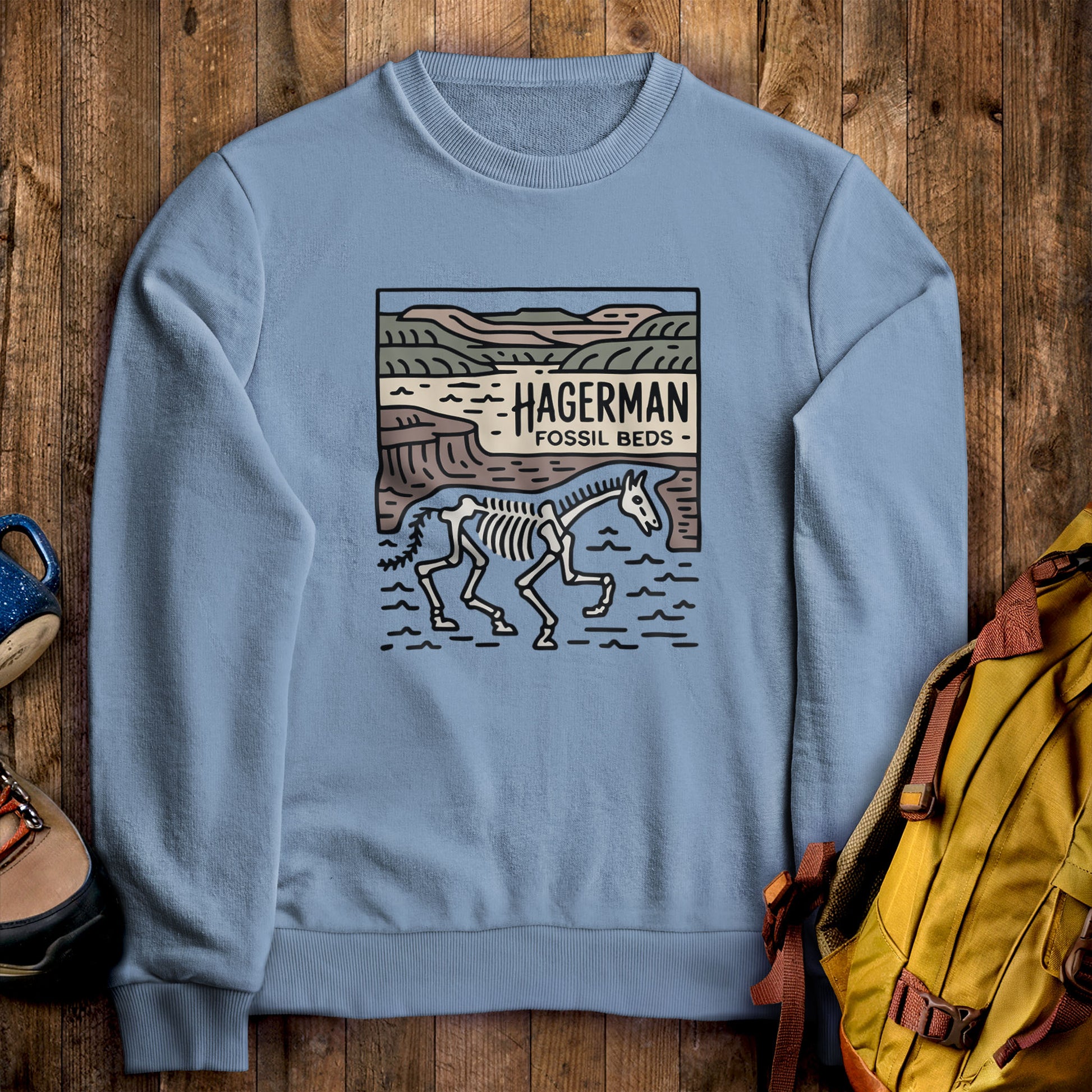 Hagerman Fossil Beds National Monument Crewneck Sweatshirt Stone Blue Adventure and Outdoors Themed Sweatshirt