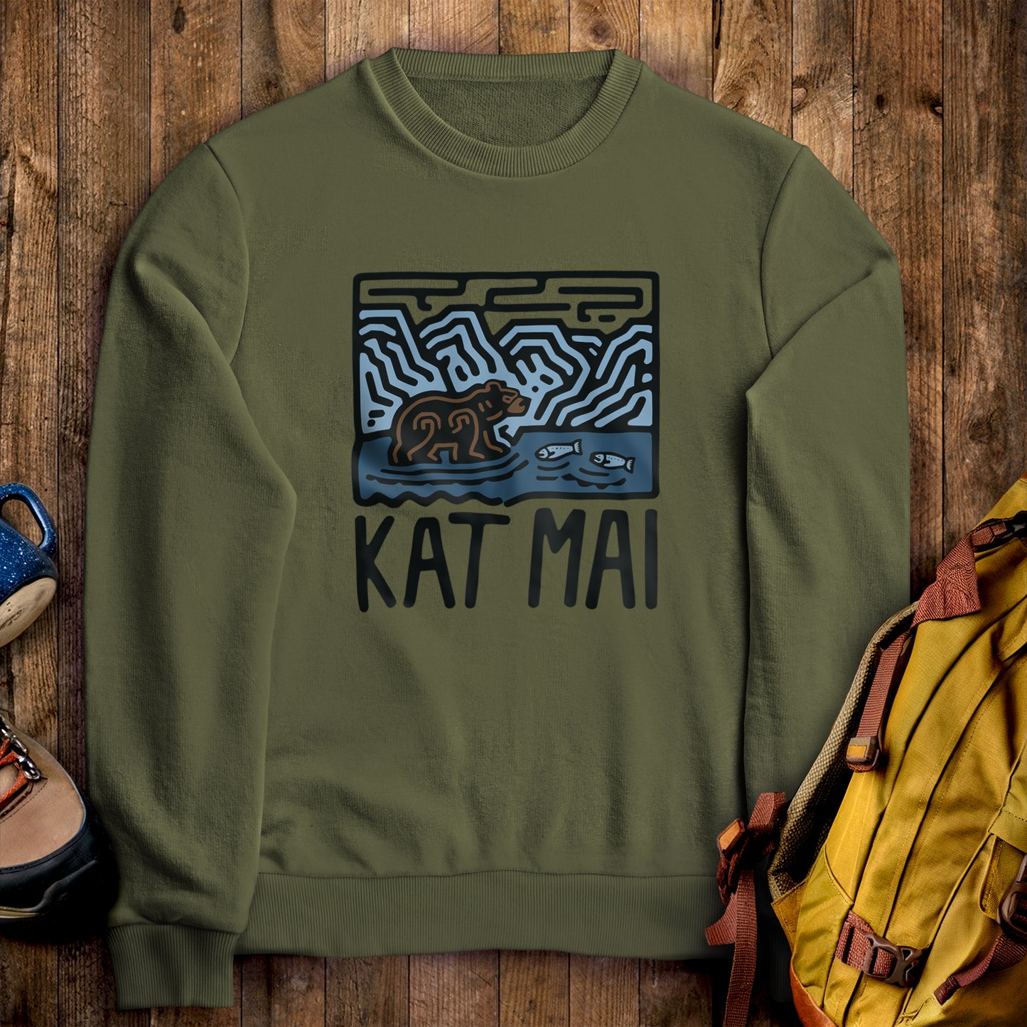 Katmai National Park Crewneck Sweatshirt Military Green Adventure and Outdoors Themed Sweatshirt