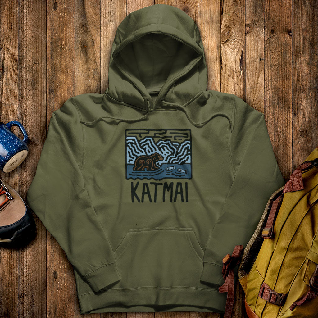 Katmai National Park Hoodie Military Green Adventure and Outdoors Themed Hoodie