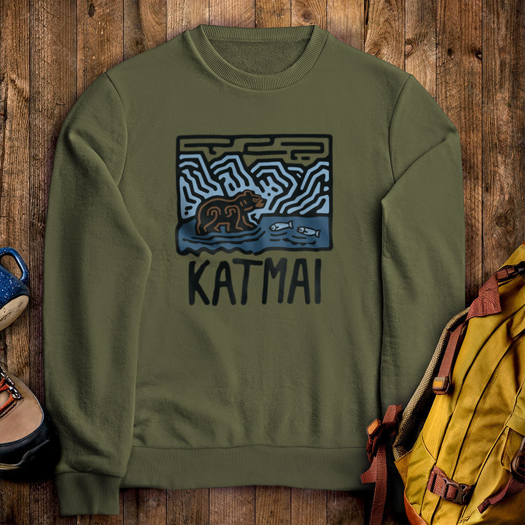 Katmai National Park Crewneck Sweatshirt Military Green Adventure and Outdoors Themed Sweatshirt