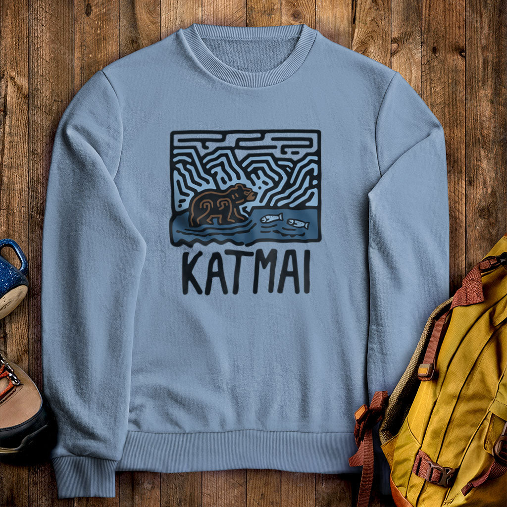 Katmai National Park Crewneck Sweatshirt Stone Blue Adventure and Outdoors Themed Sweatshirt