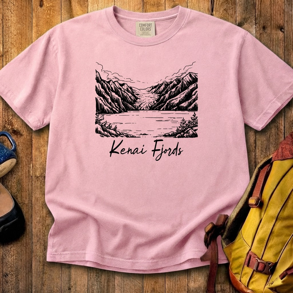 Kenai Fjords Line Drawing Cotton T-Shirt