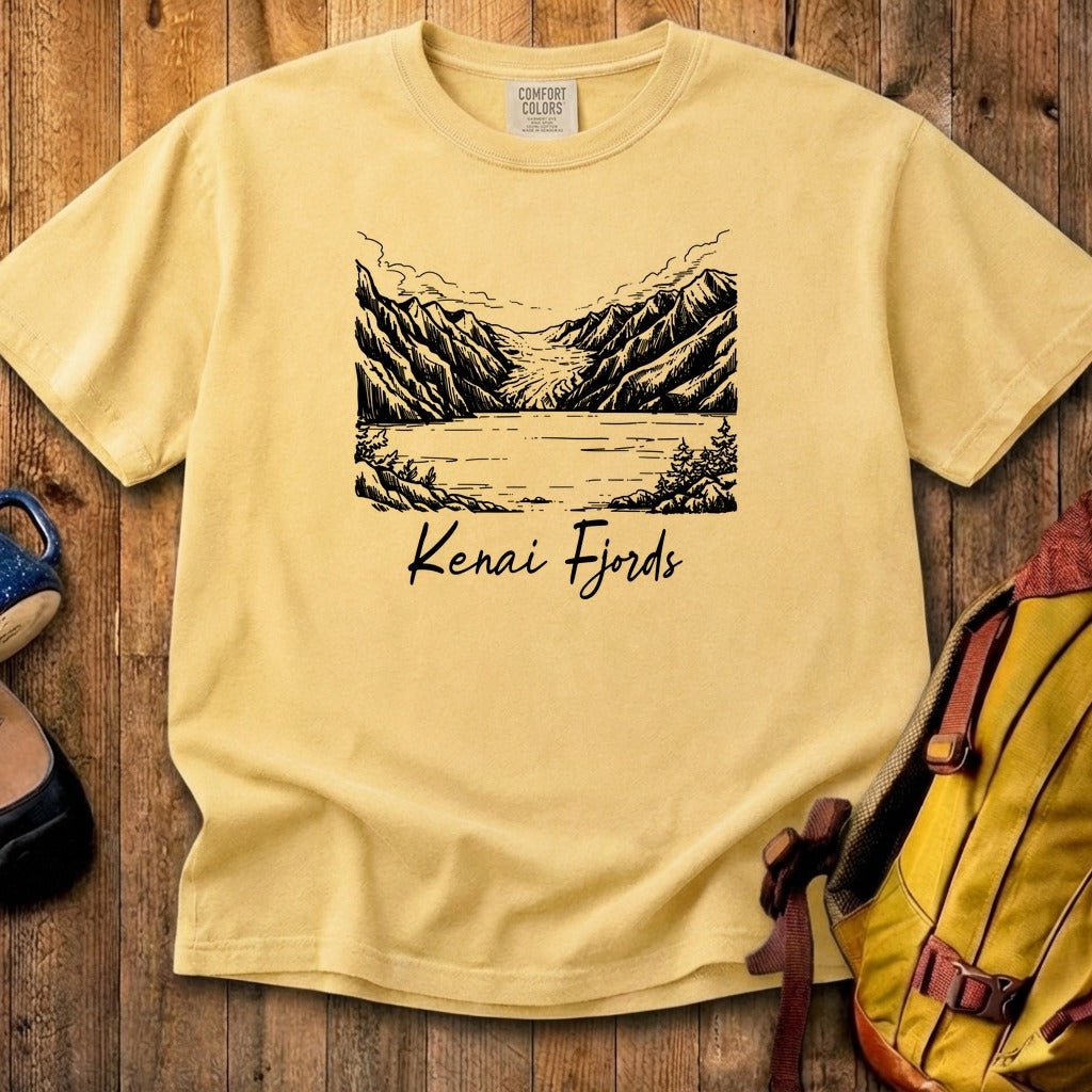 Kenai Fjords Line Drawing Cotton T-Shirt