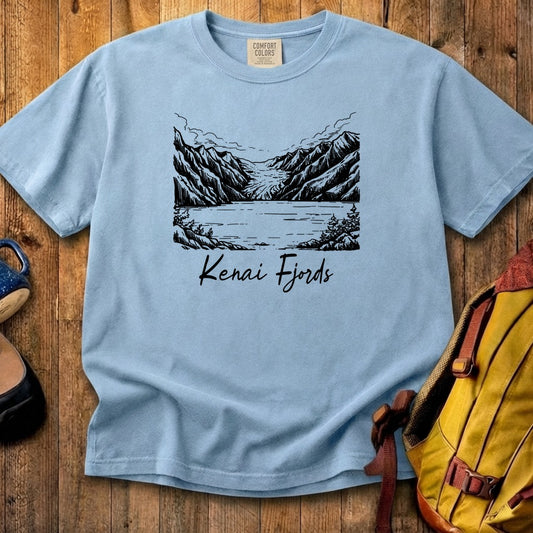 Kenai Fjords Line Drawing Cotton T-Shirt