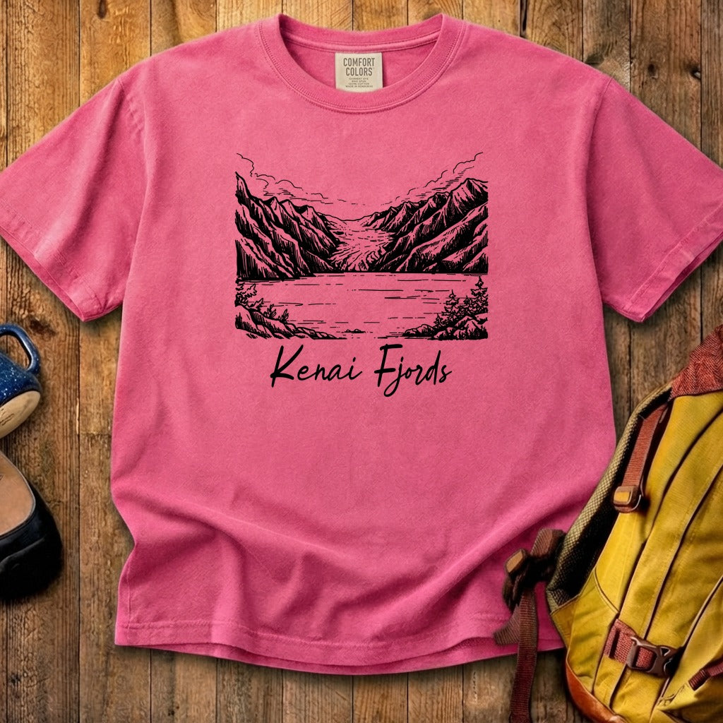 Kenai Fjords Line Drawing Cotton T-Shirt