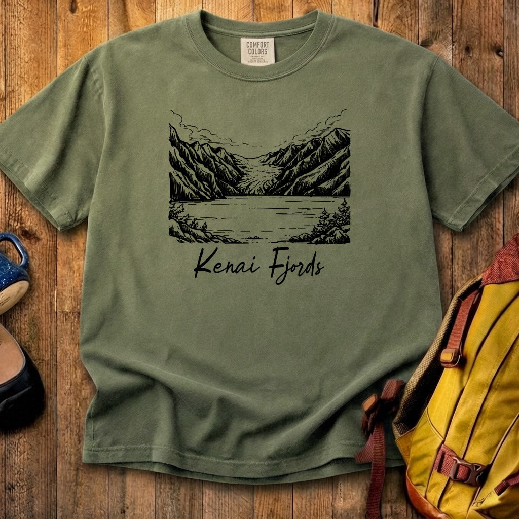 Kenai Fjords Line Drawing Cotton T-Shirt