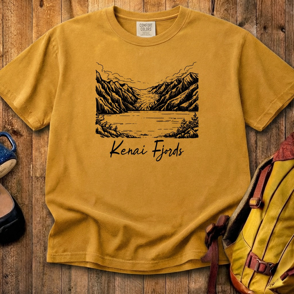 Kenai Fjords Line Drawing Cotton T-Shirt