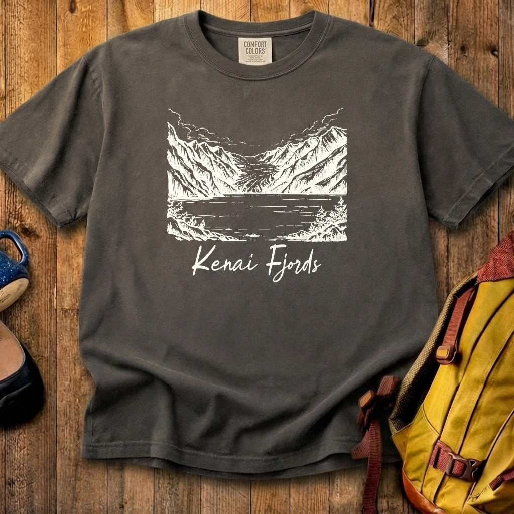 Kenai Fjords Line Drawing Cotton T-Shirt