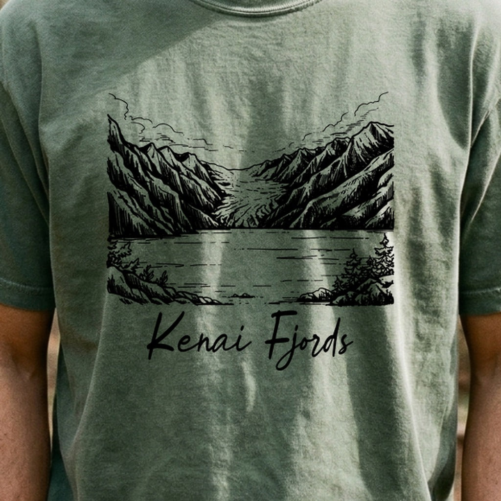 Kenai Fjords Line Drawing Cotton T-Shirt