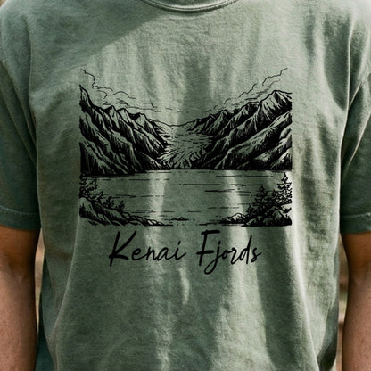 Kenai Fjords Line Drawing Cotton T-Shirt