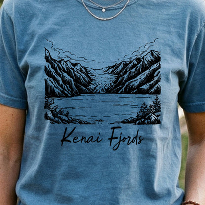 Kenai Fjords Line Drawing Cotton T-Shirt