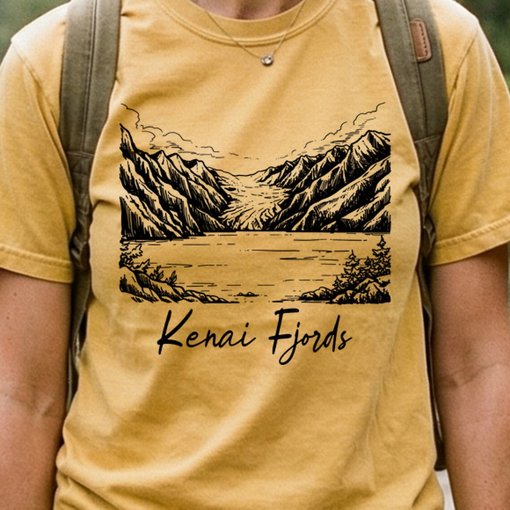 Kenai Fjords Line Drawing Cotton T-Shirt