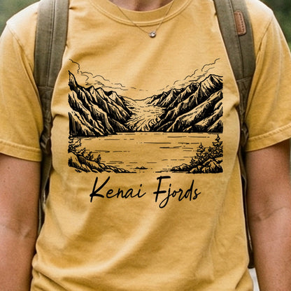Kenai Fjords Line Drawing Cotton T-Shirt