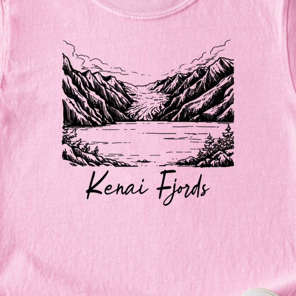 Kenai Fjords Line Drawing Kids Cotton T-Shirt