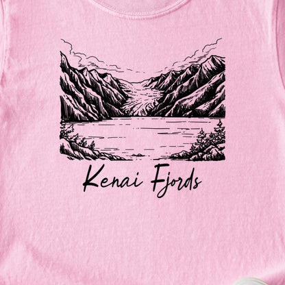 Kenai Fjords Line Drawing Kids Cotton T-Shirt