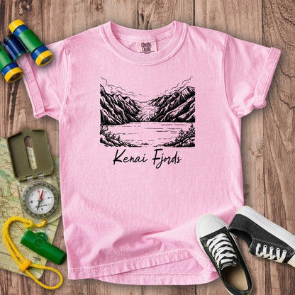 Kenai Fjords Line Drawing Kids Cotton T-Shirt