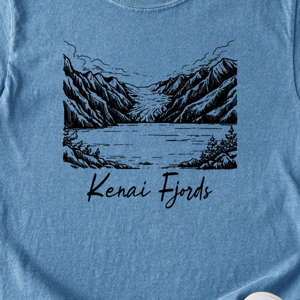 Kenai Fjords Line Drawing Kids Cotton T-Shirt