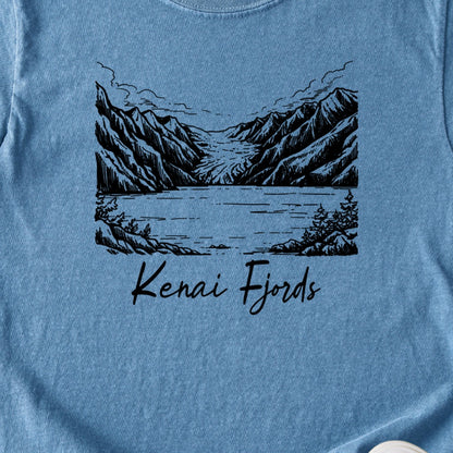 Kenai Fjords Line Drawing Kids Cotton T-Shirt