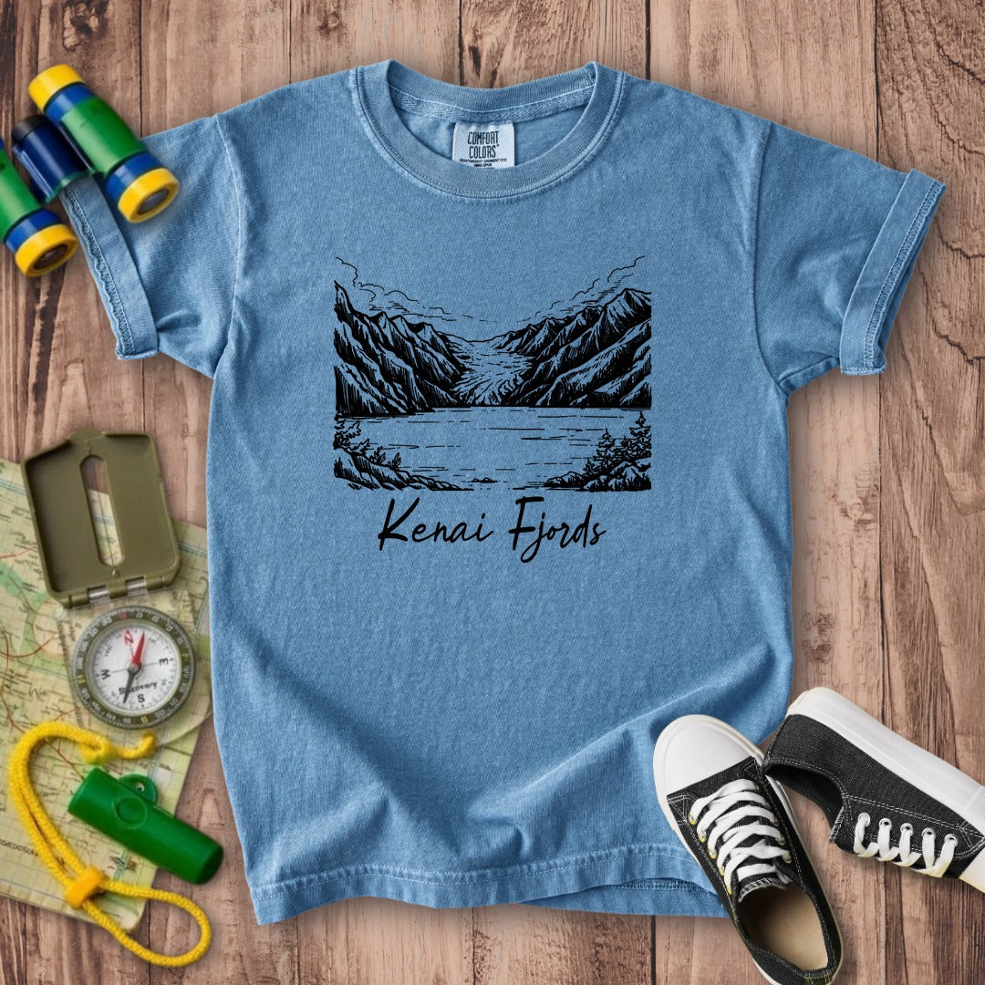Kenai Fjords Line Drawing Kids Cotton T-Shirt