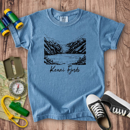 Kenai Fjords Line Drawing Kids Cotton T-Shirt