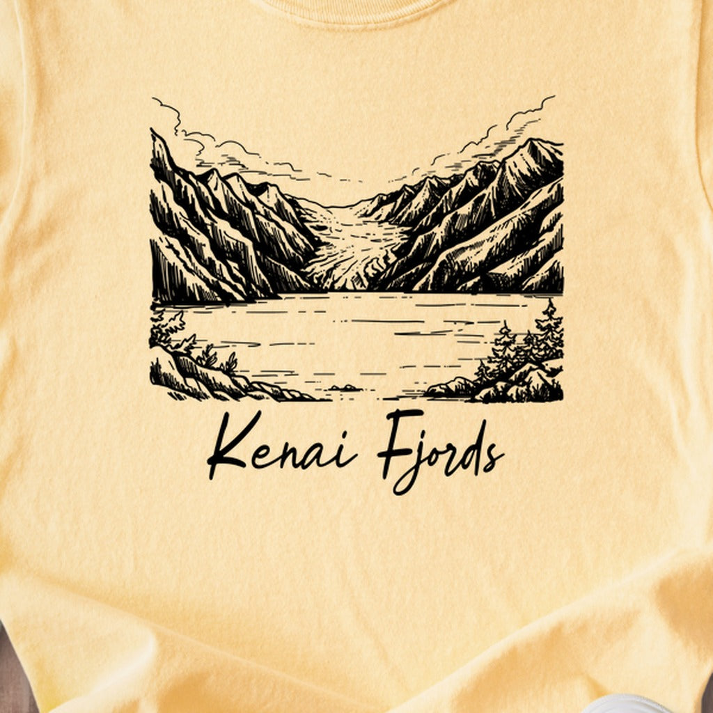 Kenai Fjords Line Drawing Kids Cotton T-Shirt