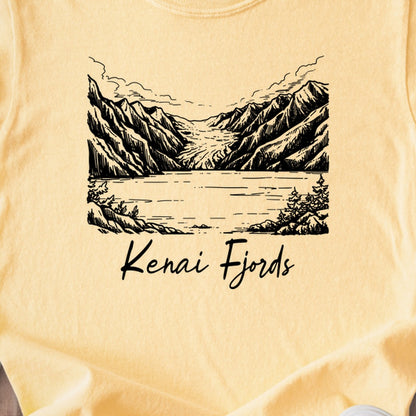 Kenai Fjords Line Drawing Kids Cotton T-Shirt