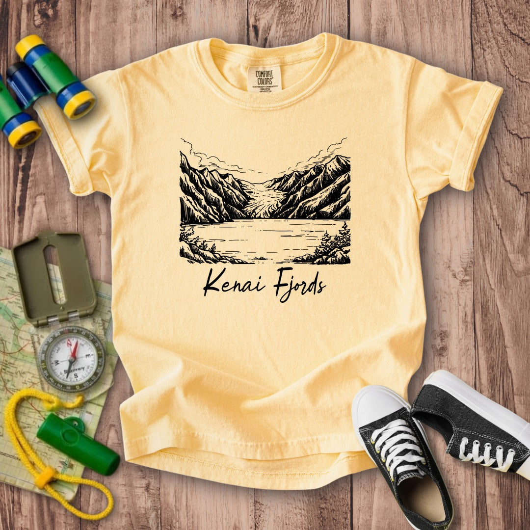 Kenai Fjords Line Drawing Kids Cotton T-Shirt