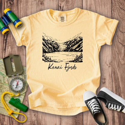 Kenai Fjords Line Drawing Kids Cotton T-Shirt