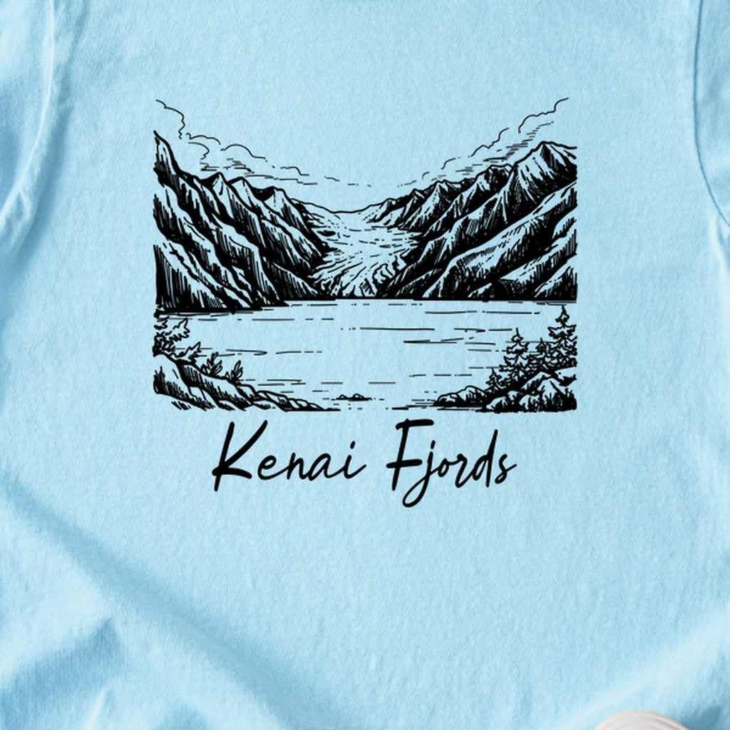 Kenai Fjords Line Drawing Kids Cotton T-Shirt