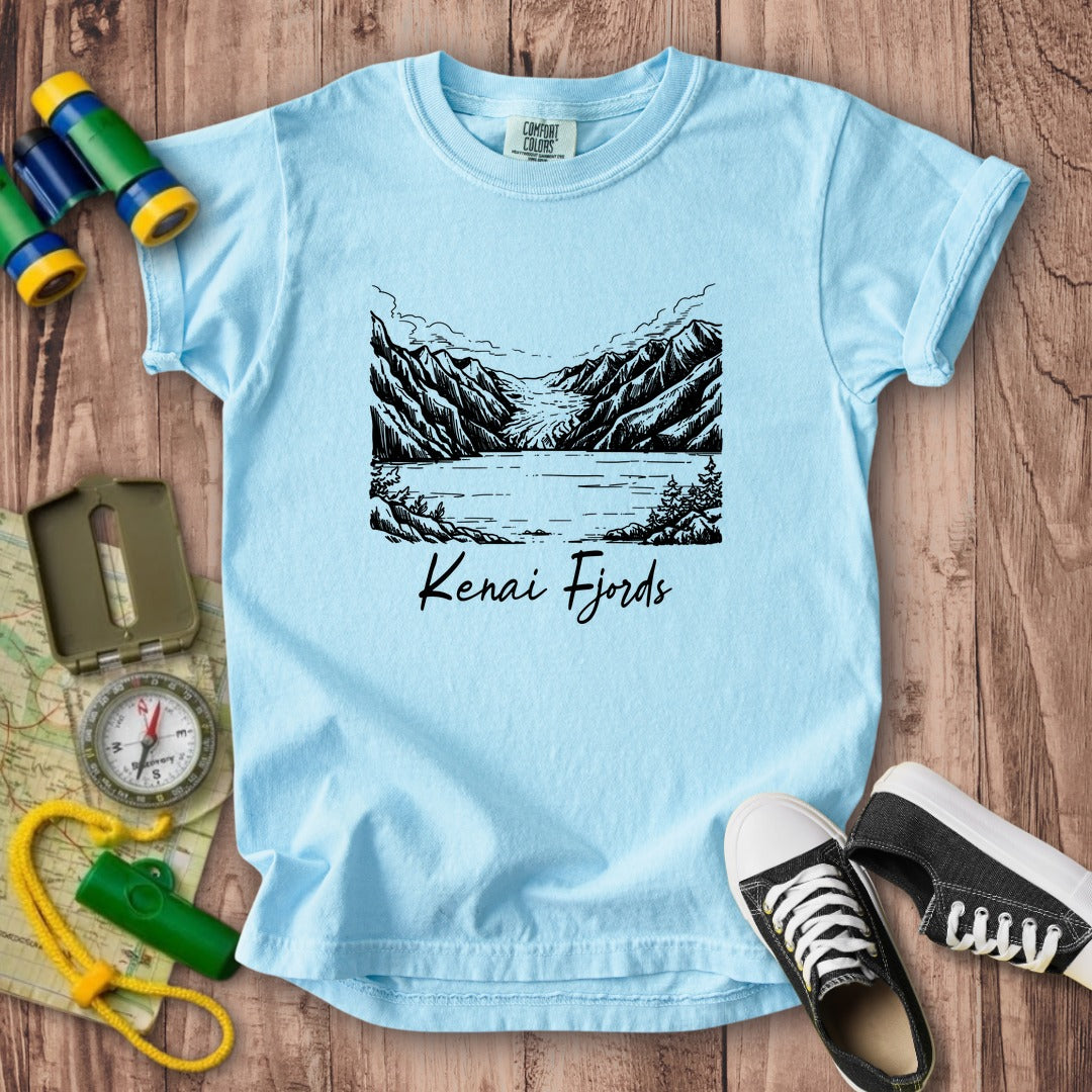 Kenai Fjords Line Drawing Kids Cotton T-Shirt