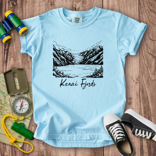 Kenai Fjords Line Drawing Kids Cotton T-Shirt