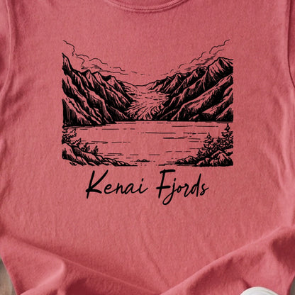 Kenai Fjords Line Drawing Kids Cotton T-Shirt