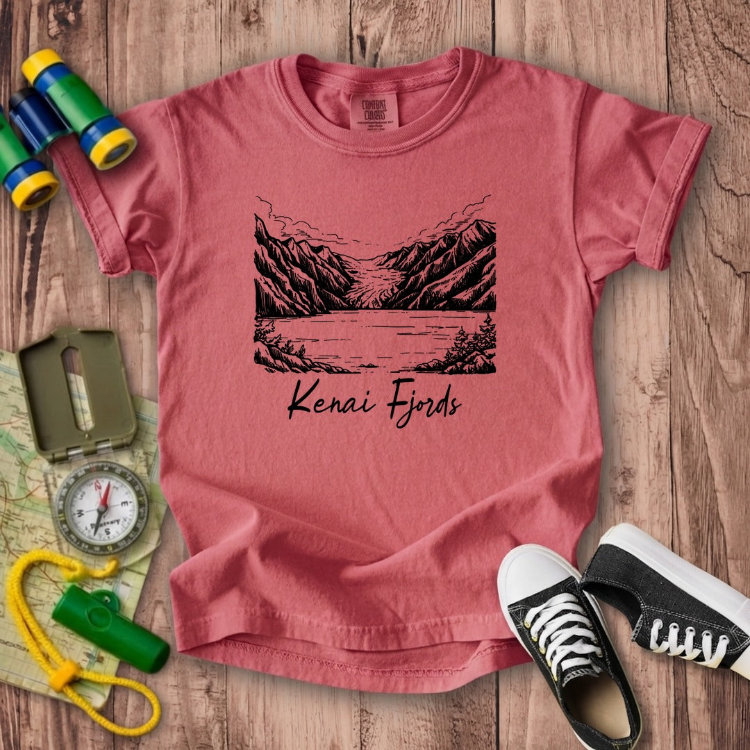 Kenai Fjords Line Drawing Kids Cotton T-Shirt