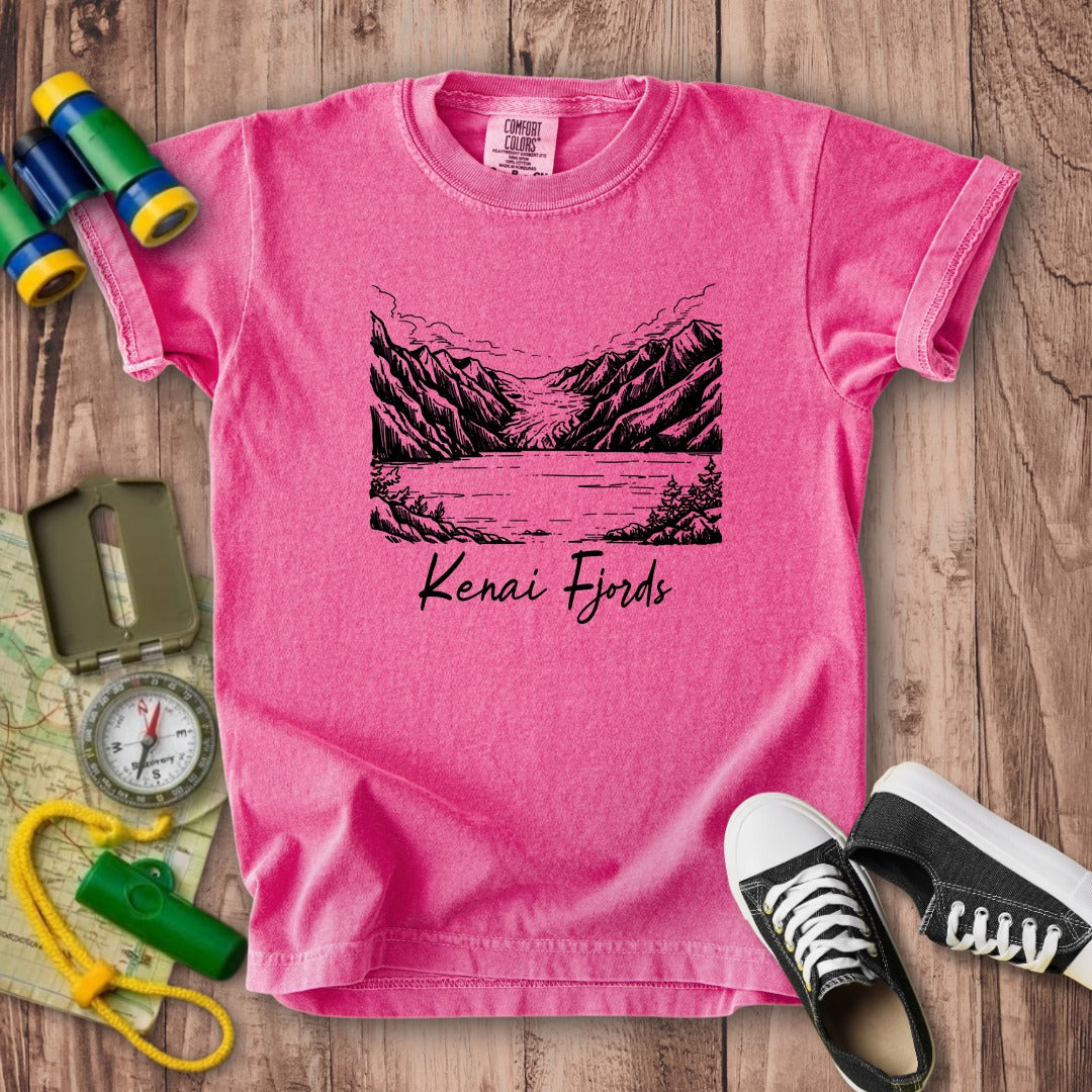 Kenai Fjords Line Drawing Kids Cotton T-Shirt