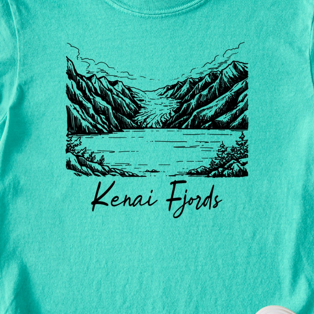 Kenai Fjords Line Drawing Kids Cotton T-Shirt