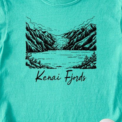 Kenai Fjords Line Drawing Kids Cotton T-Shirt