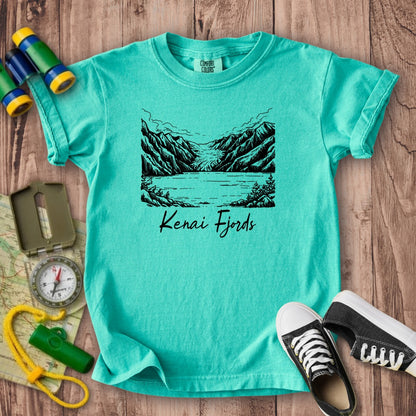 Kenai Fjords Line Drawing Kids Cotton T-Shirt