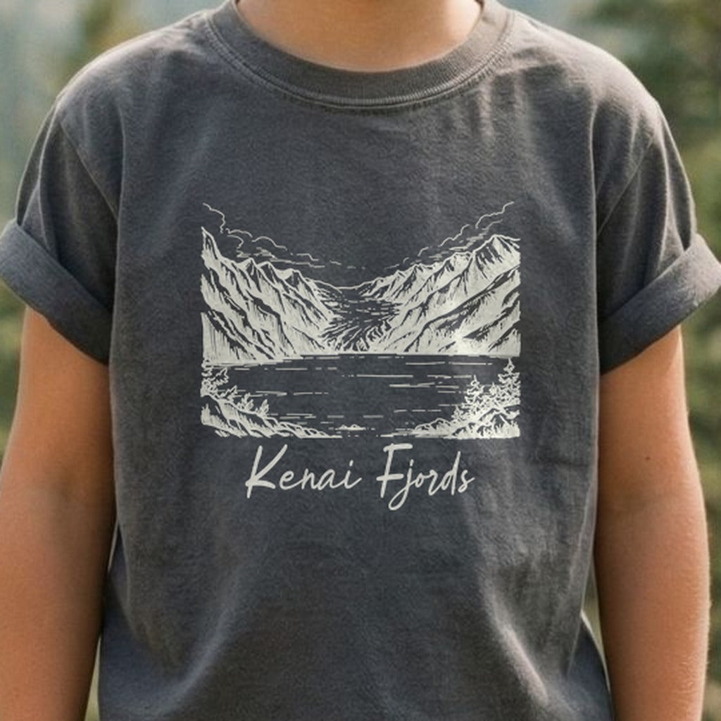 Kenai Fjords Line Drawing Kids Cotton T-Shirt