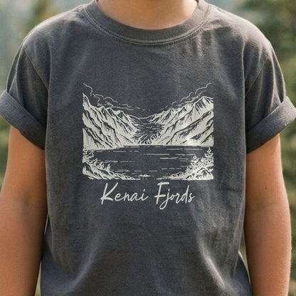 Kenai Fjords Line Drawing Kids Cotton T-Shirt