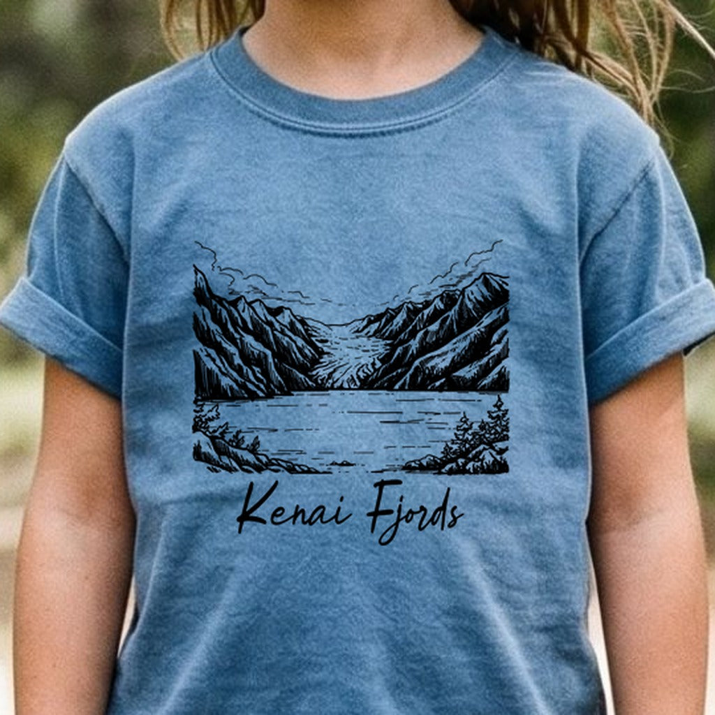 Kenai Fjords Line Drawing Kids Cotton T-Shirt