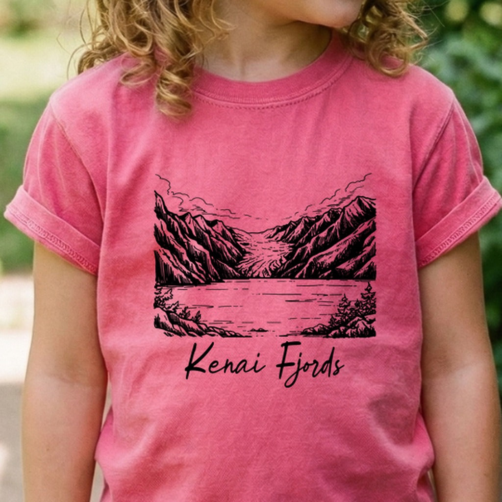 Kenai Fjords Line Drawing Kids Cotton T-Shirt
