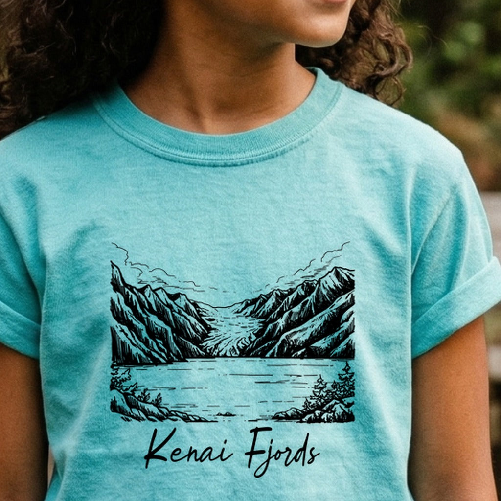 Kenai Fjords Line Drawing Kids Cotton T-Shirt
