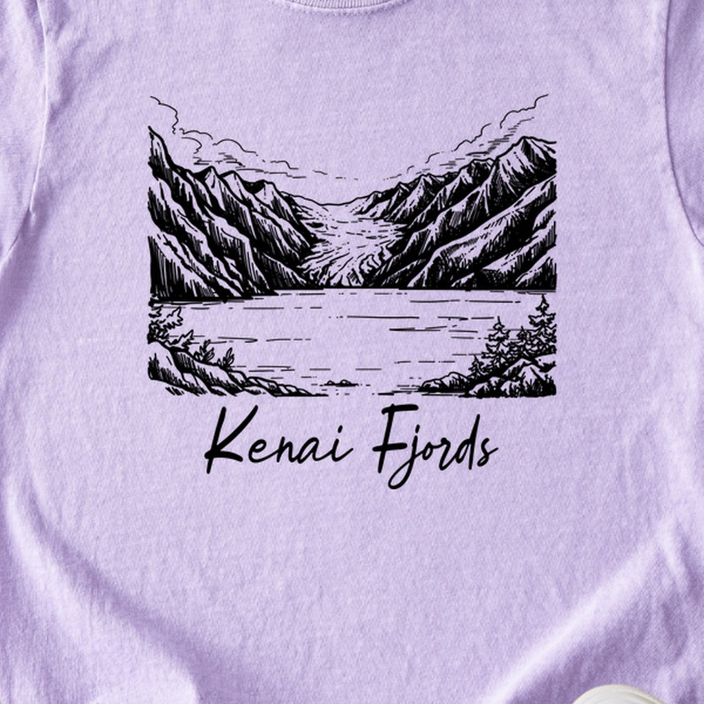 Kenai Fjords Line Drawing Kids Cotton T-Shirt