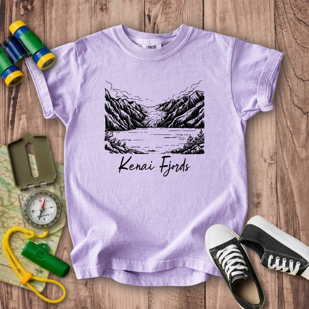 Kenai Fjords Line Drawing Kids Cotton T-Shirt