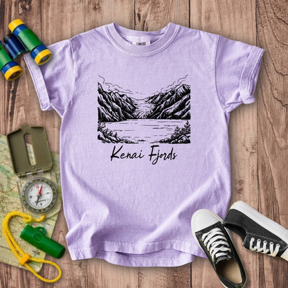 Kenai Fjords Line Drawing Kids Cotton T-Shirt