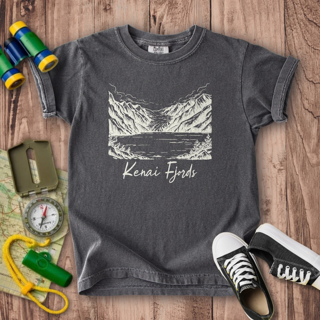 Kenai Fjords Line Drawing Kids Cotton T-Shirt