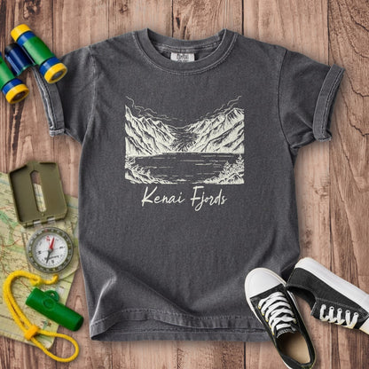 Kenai Fjords Line Drawing Kids Cotton T-Shirt